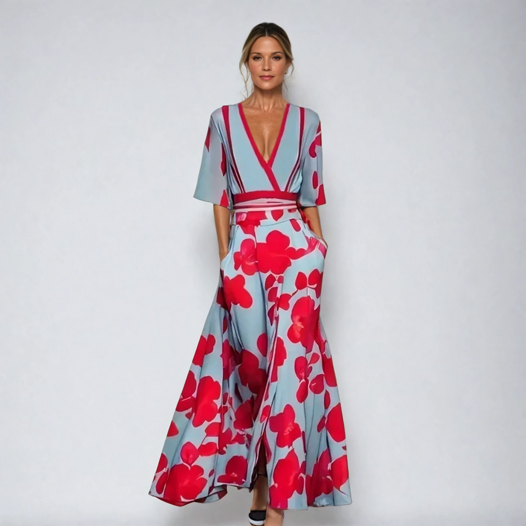 Amara | Zeitloses Blumenkleid für Damen mit V-Ausschnitt und kurzen Ärmeln
