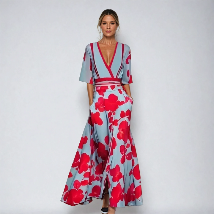 Amara | Zeitloses Blumenkleid für Damen mit V-Ausschnitt und kurzen Ärmeln