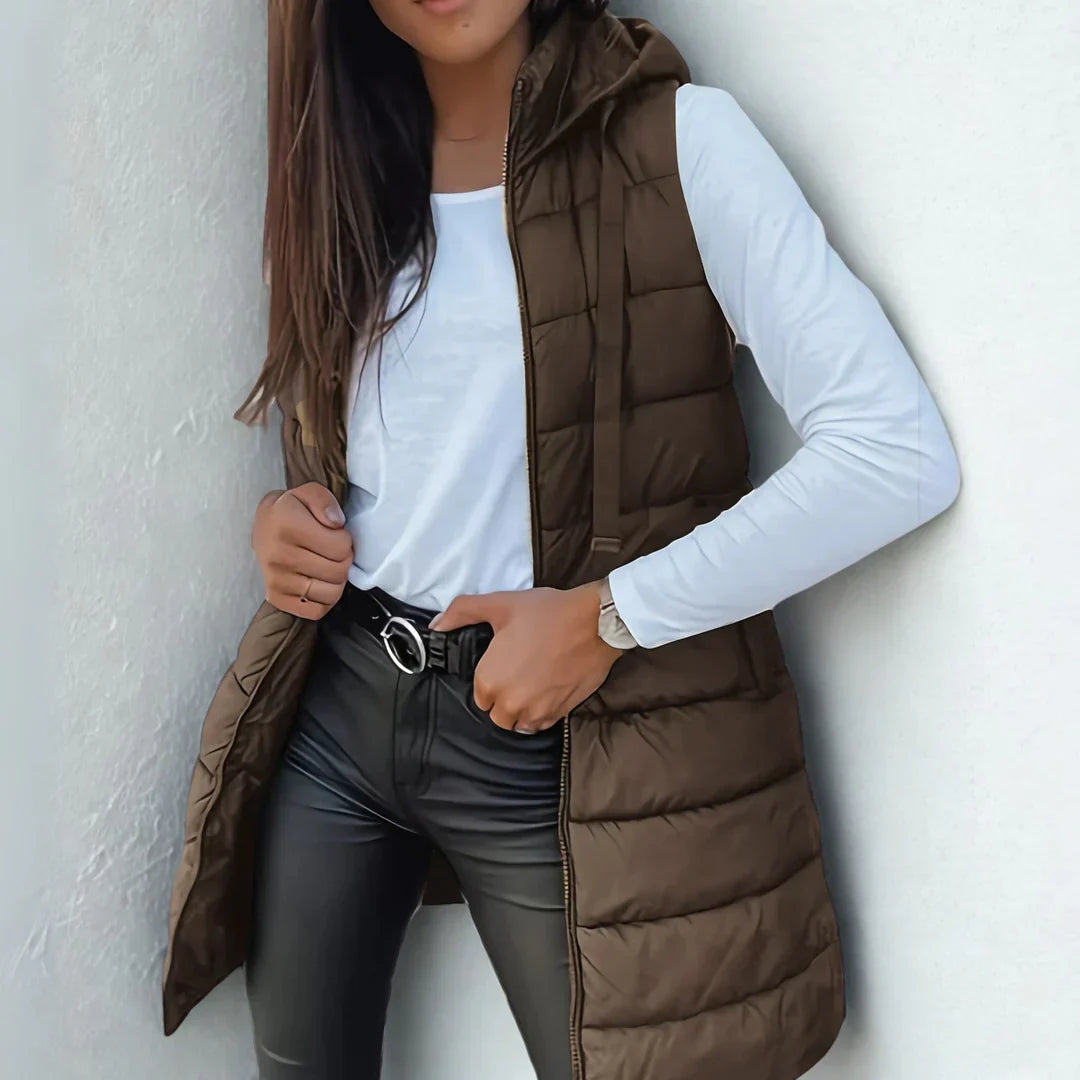 Romy | Lässige ärmellose Kapuzenlange Pufferweste für Damen