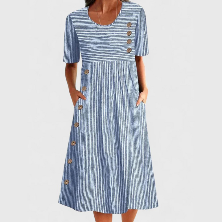 Wanda | Gestreiftes Midi-Kleid für Damen mit Streifen und Rundhalsausschnitt