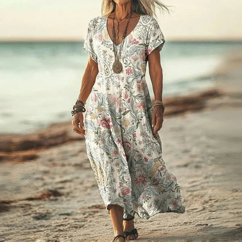 Luna | Vintage Gradient Kleid für Damen mit V-Ausschnitt und kurzen Ärmeln