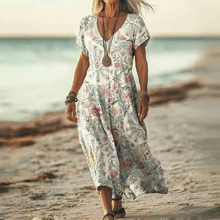 Luna | Vintage Gradient Kleid für Damen mit V-Ausschnitt und kurzen Ärmeln