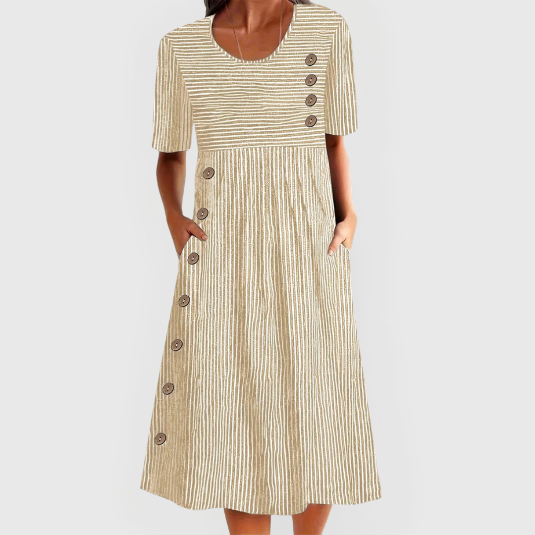 Wanda | Gestreiftes Midi-Kleid für Damen mit Streifen und Rundhalsausschnitt