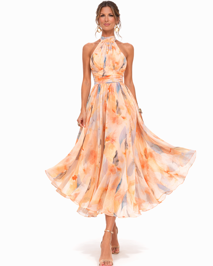 Aurora | Aquarell Druck Halter Neck Maxikleid für Damen