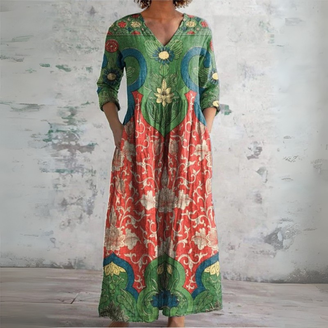 Judith | Vintage Maxi Kleid für Damen mit Blumenmuster und V-Ausschnitt