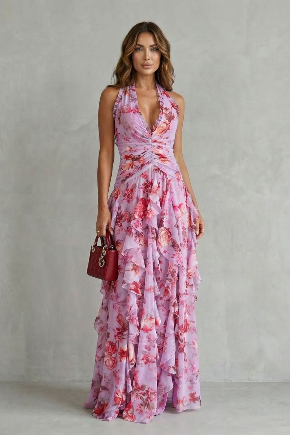 Belladina Verzauberndes Rosen-Kaskaden-Halter-Maxikleid für Damen