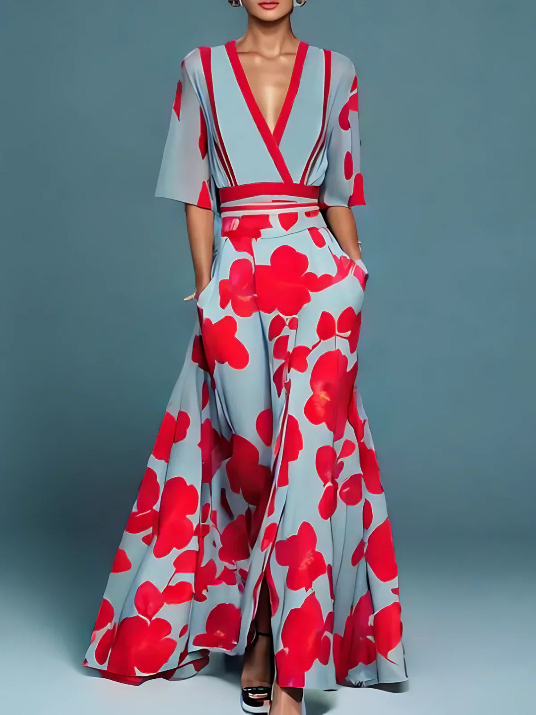 Elise | Elegantes Blumen Maxikleid für Damen mit V-Ausschnitt und kurzen Ärmeln