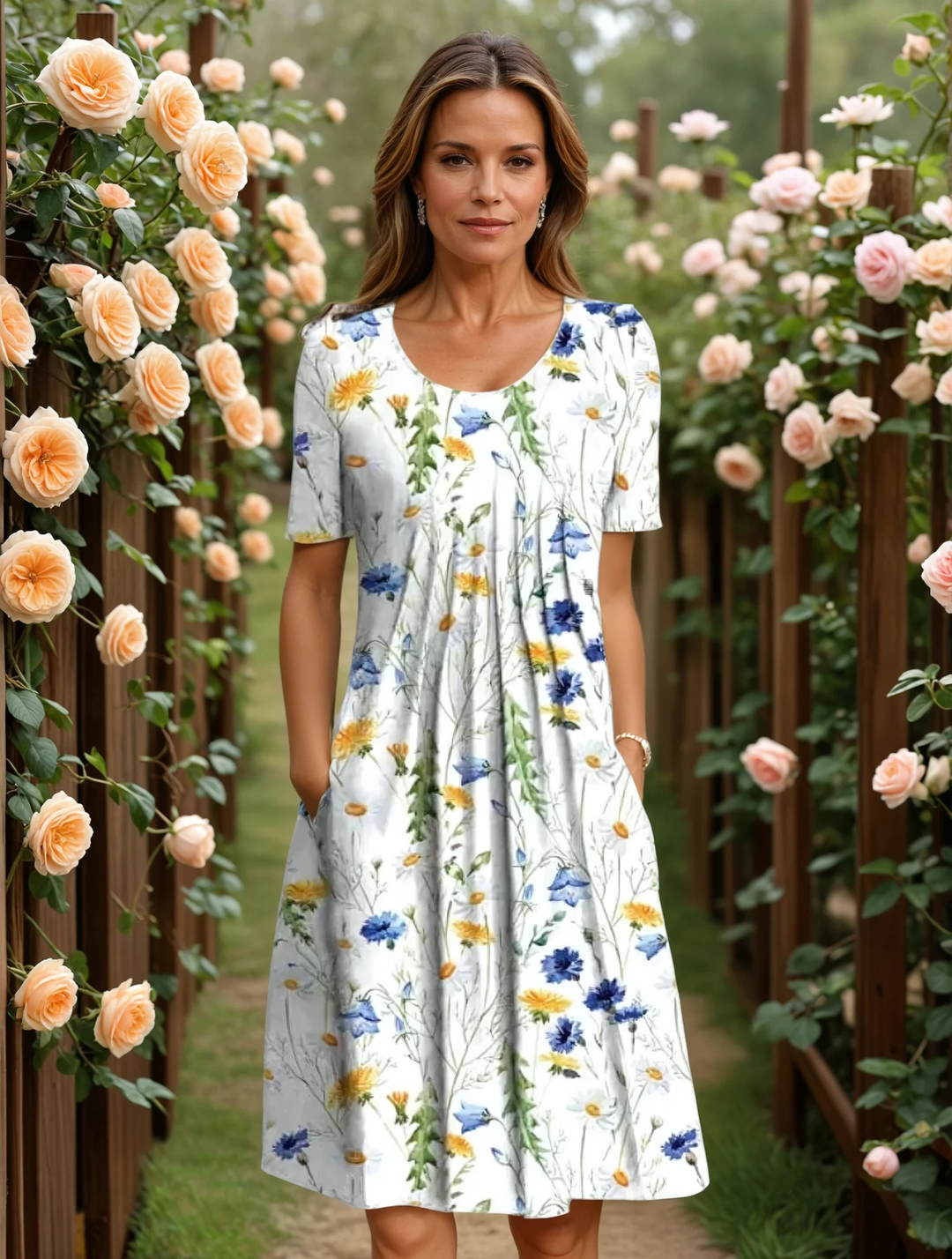 Fiona | Elegantes Alltagskleid für Damen mit Blumenmuster und Rundhalsausschnitt