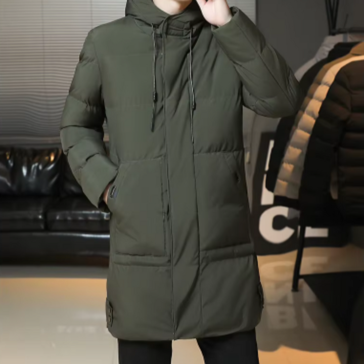Elegante Lange Winterjacke für Herren mit Kapuze und langen Ärmeln