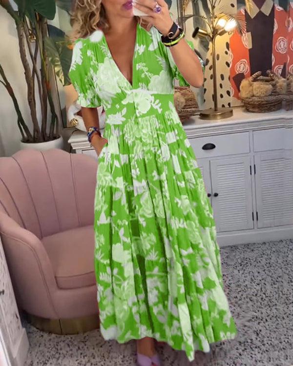 Floriana | Lebhaftes Blumenkleid für Damen mit V-Ausschnitt und kurzen Ärmeln