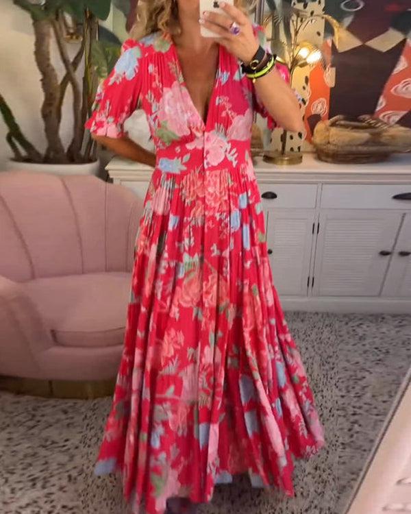 Floriana | Lebhaftes Blumenkleid für Damen mit V-Ausschnitt und kurzen Ärmeln