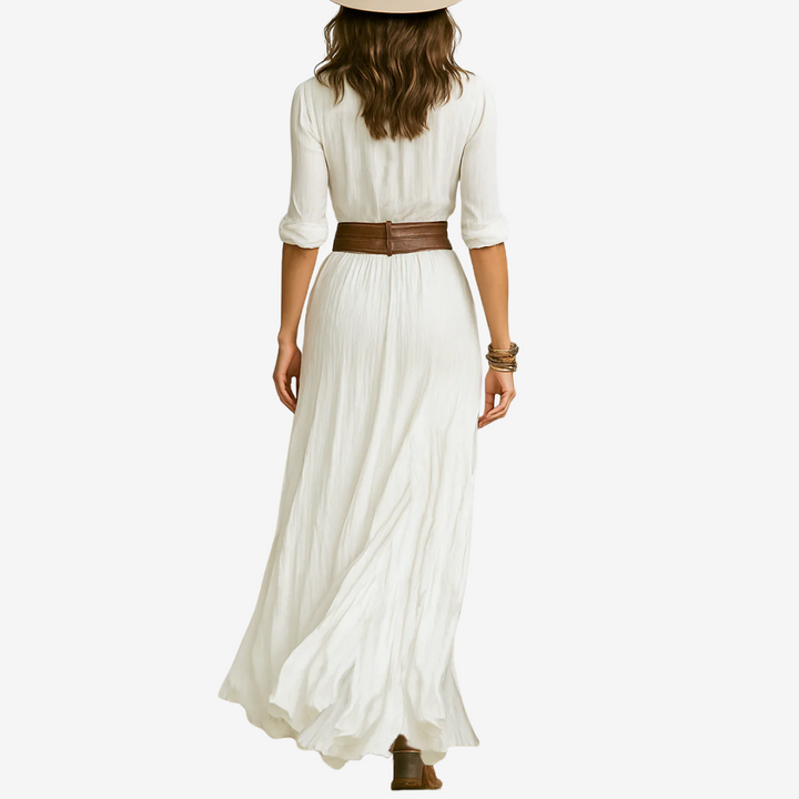 Eve Maxi-Fließkleid für Damen mit Gürtel, V-Ausschnitt und 3/4-Ärmeln