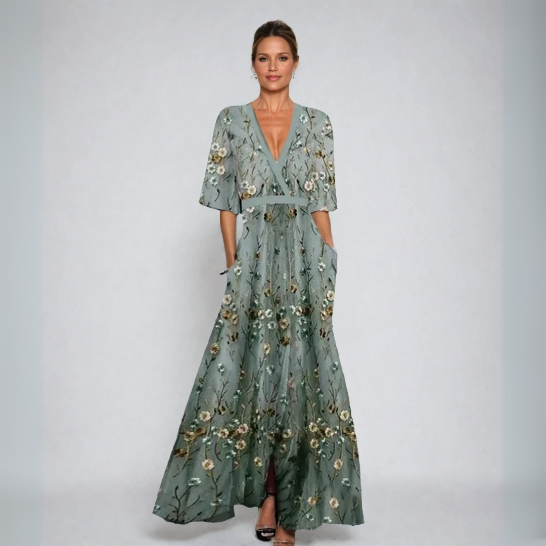 Sofia | Elegantes Maxikleid für Damen mit V-Ausschnitt und kurzen Ärmeln