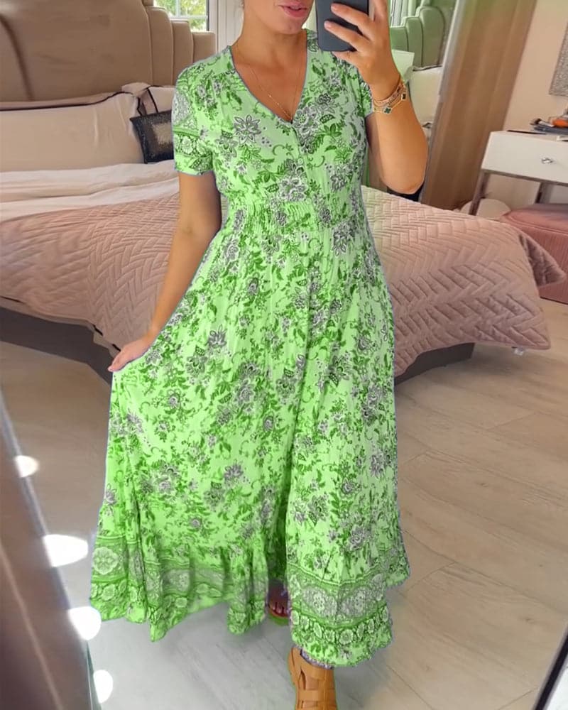 Connie | Floral Maxi Kleid für Damen mit V-Ausschnitt und kurzen Ärmeln