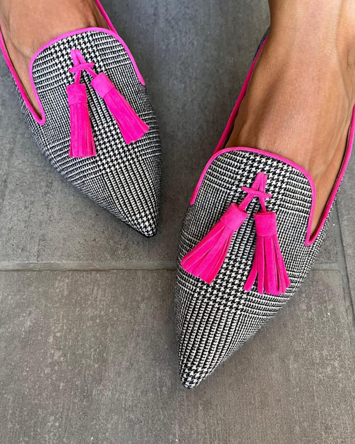 Spitz Loafer für Damen mit Fluo Fransen und Karomuster
