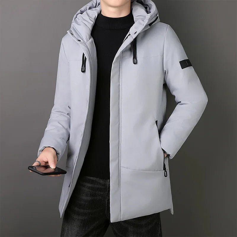 Elegante Lange Herrenjacke für Herren mit Kapuze und langen Ärmeln