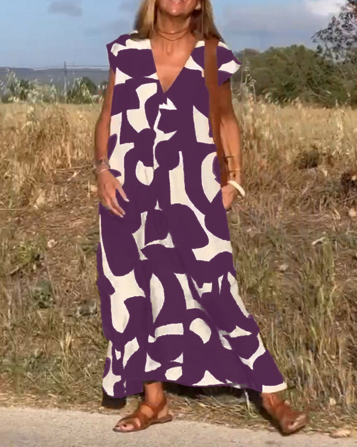 Kendall | Lässiges Abstract Midikleid für Damen mit V-Ausschnitt und kurzen Ärmeln