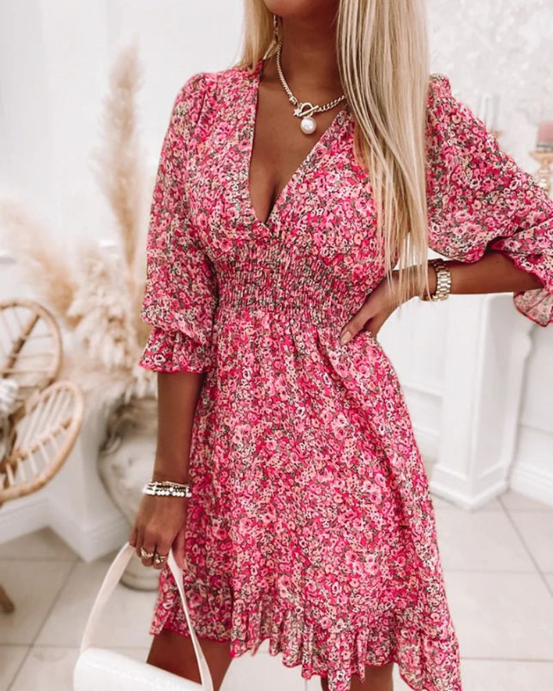 Sami | Floral Sommerkleid für Damen mit V-Ausschnitt und kurzen Ärmeln