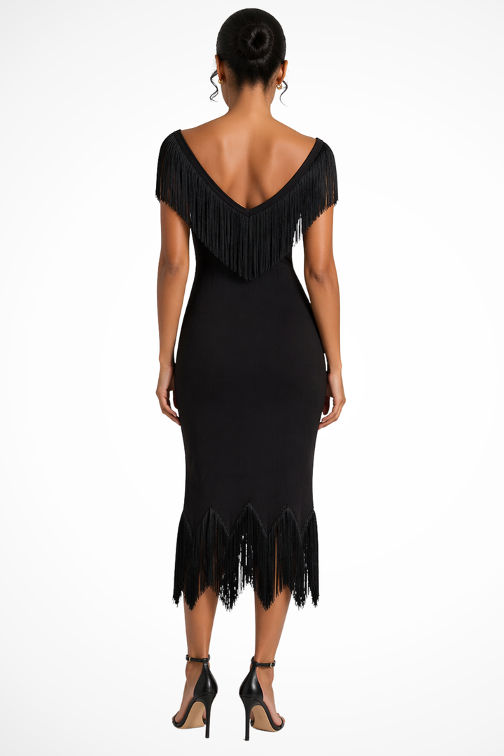 Anita | schulterfrei Midi-Kleid für Damen mit Fransenbesatz | Perfekt für Hochzeitsgäste