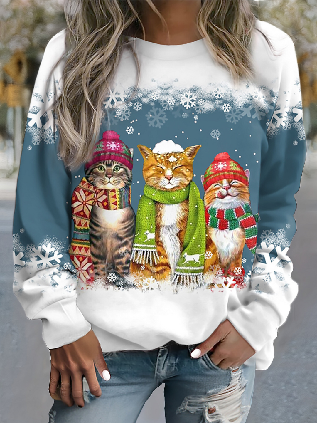 Nele | Warmes Winter Top für Damen mit Schneekatzen Print