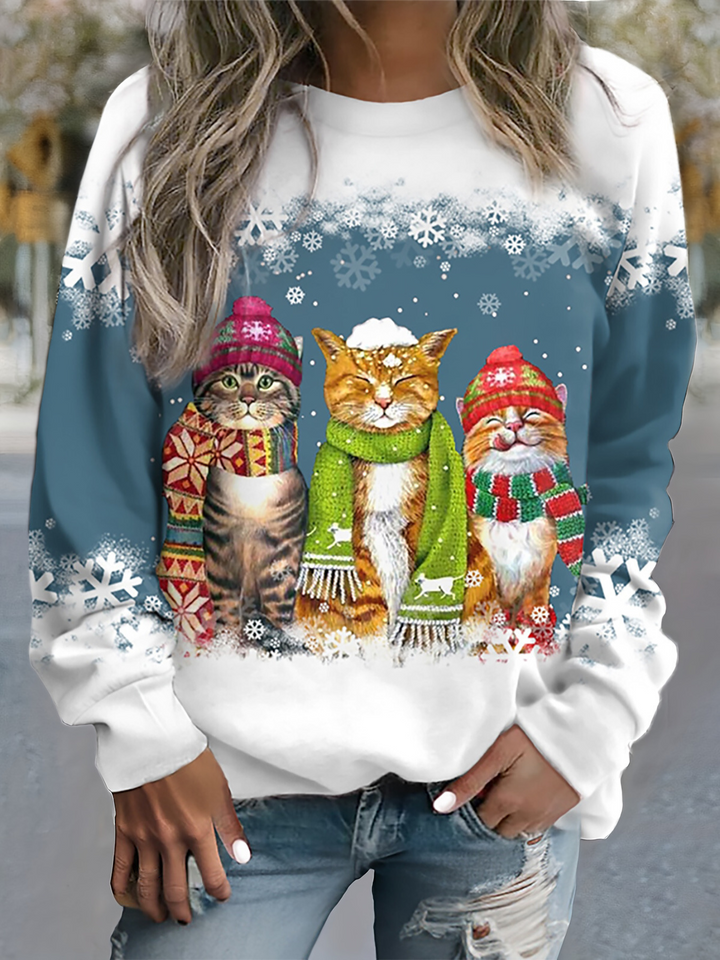 Nele | Warmes Winter Top für Damen mit Schneekatzen Print