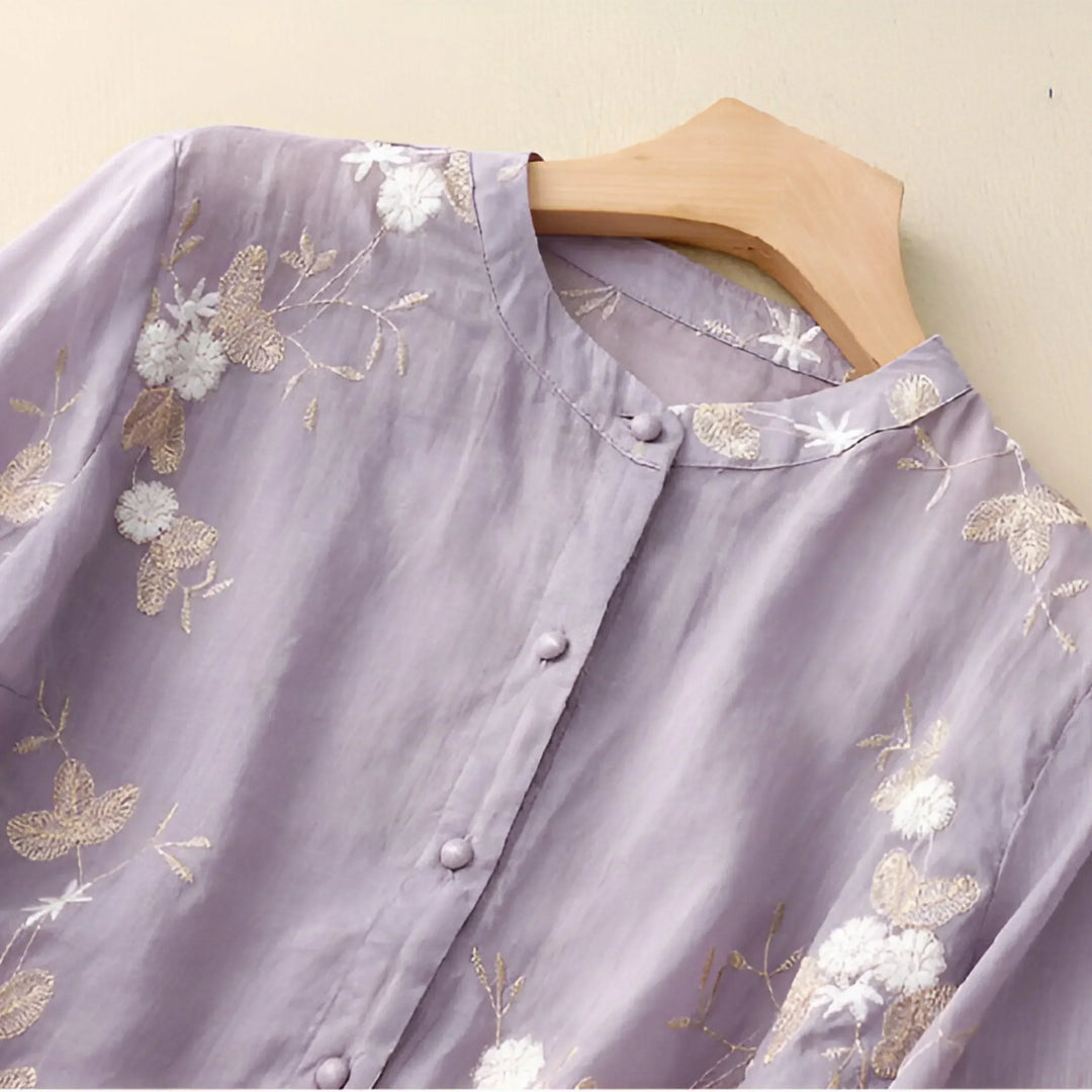 Emily | Bluse für Damen mit bestickten Blumen, Rundhalsausschnitt und langen Ärmeln
