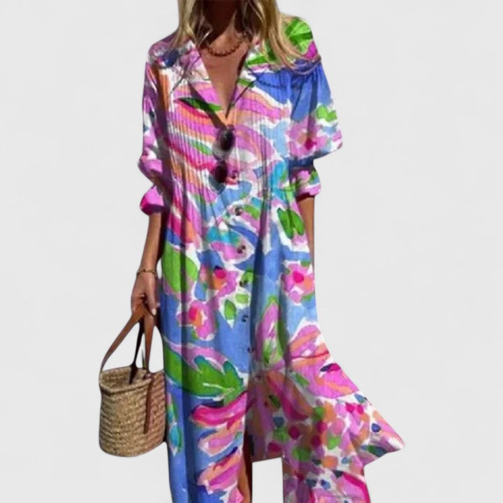 Lauren | Stylisches Boho-Maxikleid für Damen mit V-Ausschnitt und kurzen Ärmeln