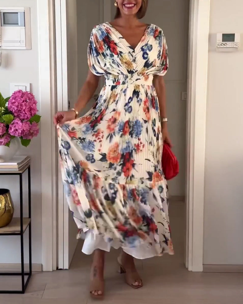 Florelle | Elegantes Blumenkleid für Damen mit V-Ausschnitt und kurzen Ärmeln
