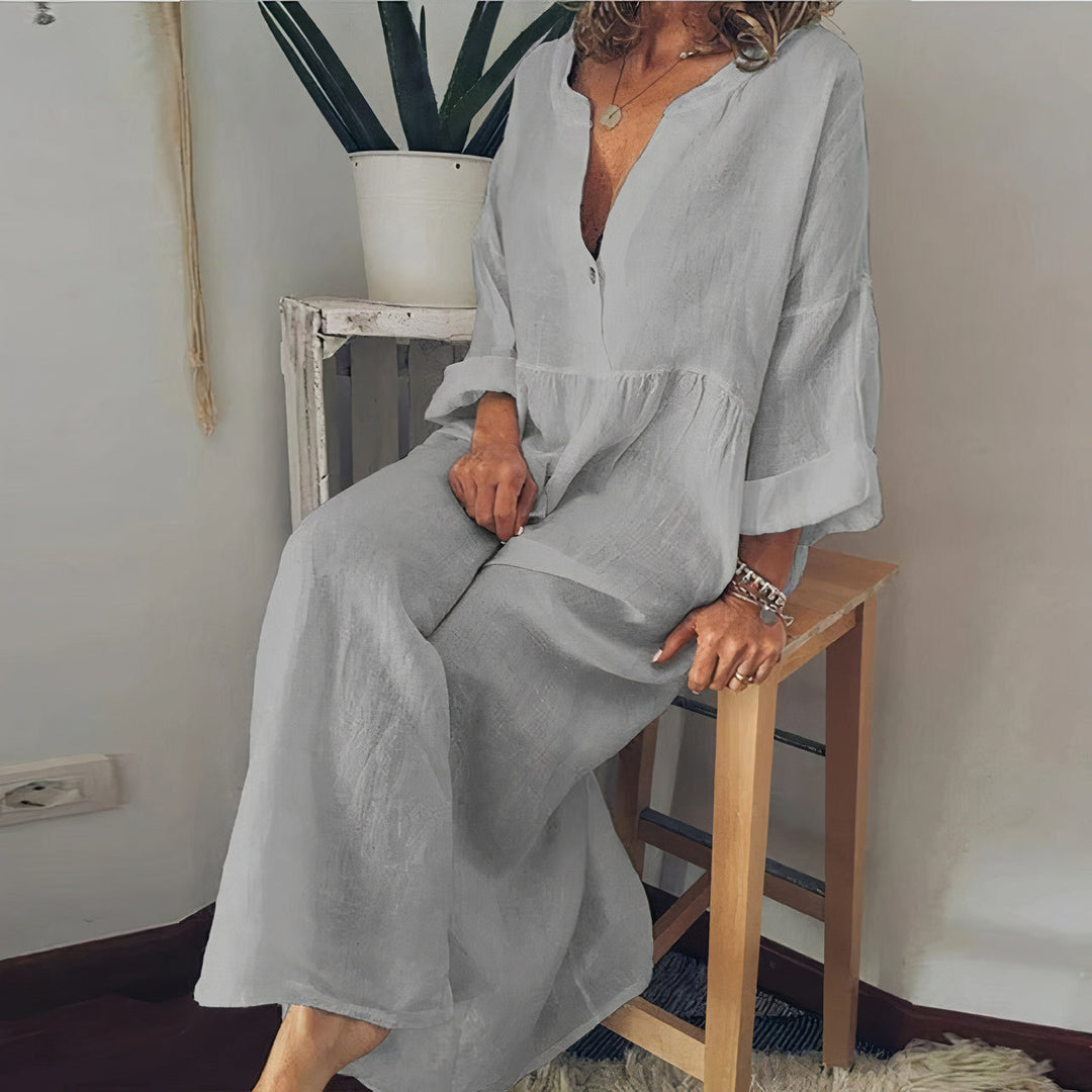 Stylisches Blusen-inspiriertes Maxikleid für Damen mit V-Ausschnitt und 3/4-Ärmeln