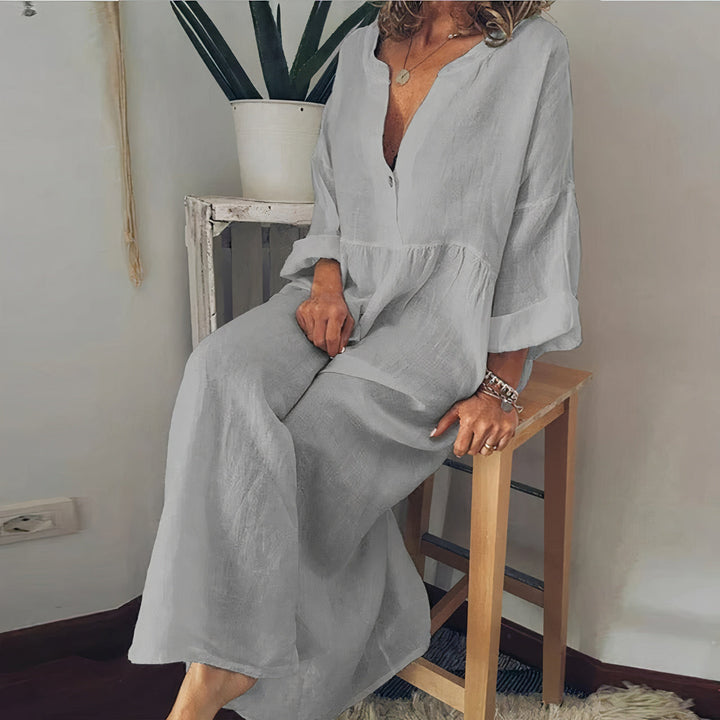 Stylisches Blusen-inspiriertes Maxikleid für Damen mit V-Ausschnitt und 3/4-Ärmeln