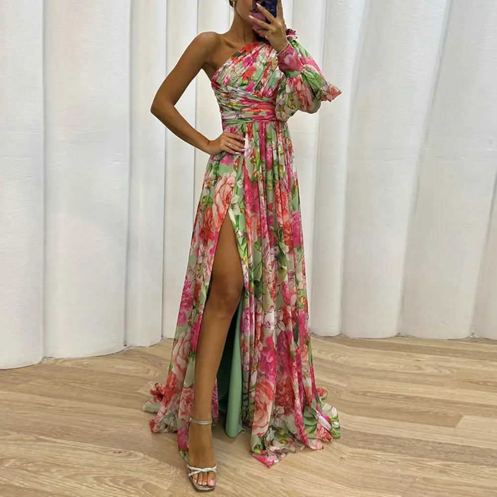 Aurélie | Ein-Schulter Maxikleid für Damen mit Blumenmuster