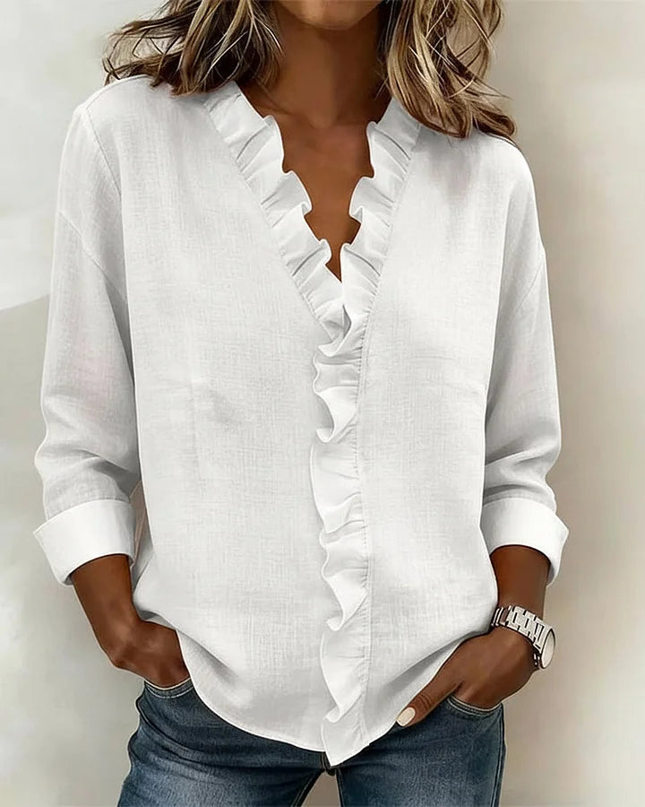 Indie | Rüschenshirt für Damen mit V-Ausschnitt und langen Ärmeln