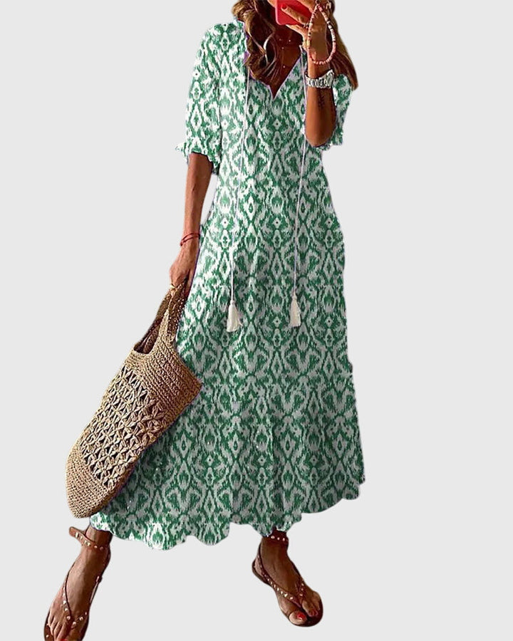 Amalia | Retro Bohemian Sommerkleid für Damen mit Blumenmuster und V-Ausschnitt