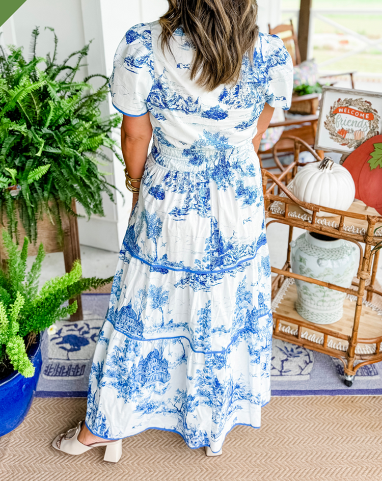 Eliza | Klassisches Toile Maxi Kleid für Damen mit V-Ausschnitt und kurzen Ärmeln