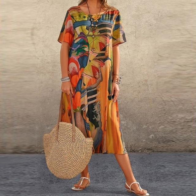 Dina Elegantes Abstraktes Harmonie Midi-Kleid für Damen