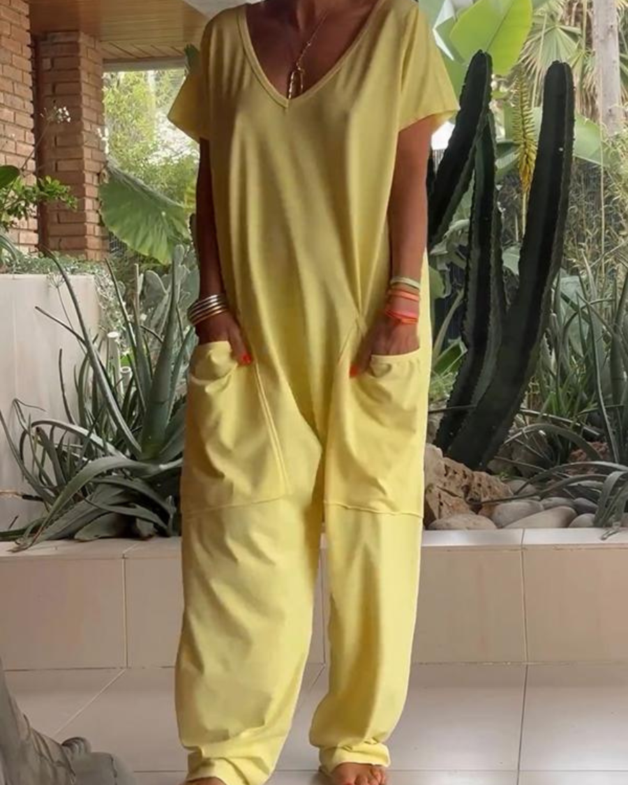 Yelena | Lässiger V-Ausschnitt Einfarbiger Jumpsuit für Damen