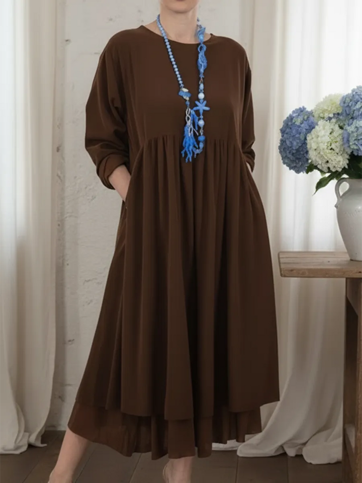Lässiges Midi-Kleid für Damen mit doppeltem Saumdesign und Rundhalsausschnitt