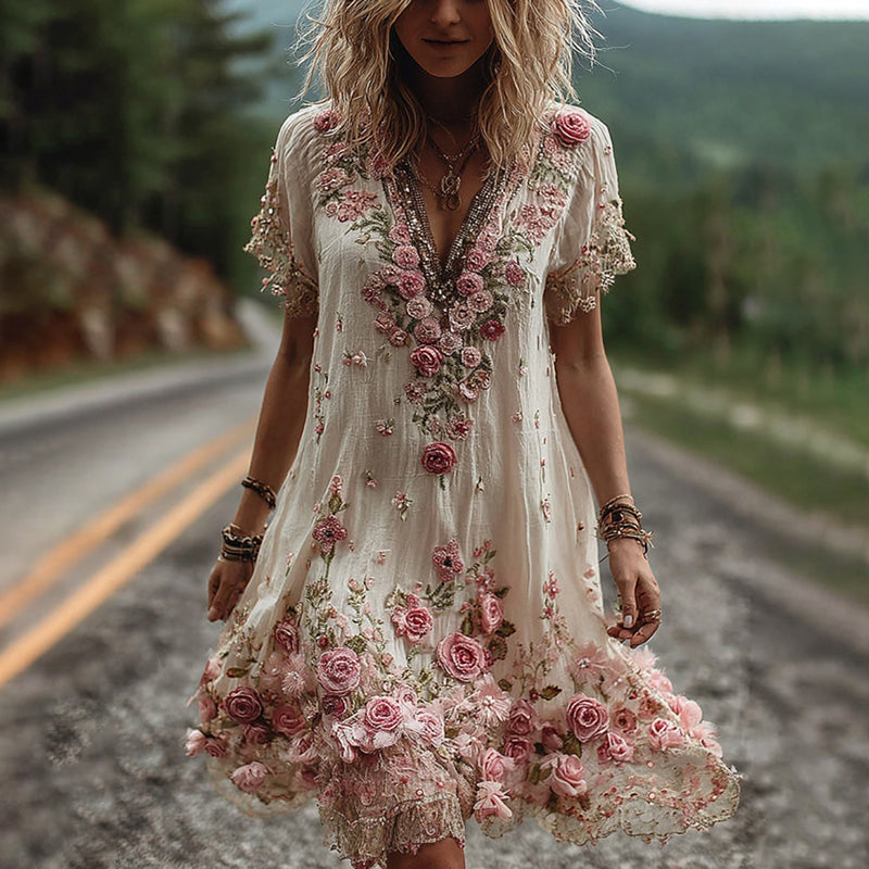 Ruby | Blossom bestickte V-Ausschnitt Midikleid für Damen