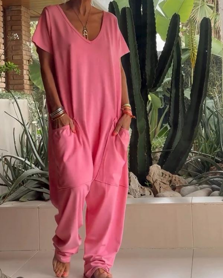 Yelena | Lässiger V-Ausschnitt Einfarbiger Jumpsuit für Damen