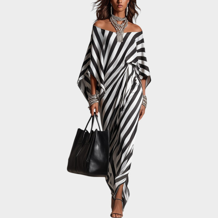 Damen Streifen-Maxikleid mit Off-Shoulder-Ausschnitt und Bindegürtel
