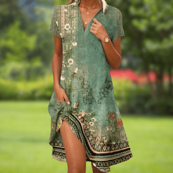 Firi | Schickes Elegantes Kleid für Damen mit Blumenmuster und V-Ausschnitt