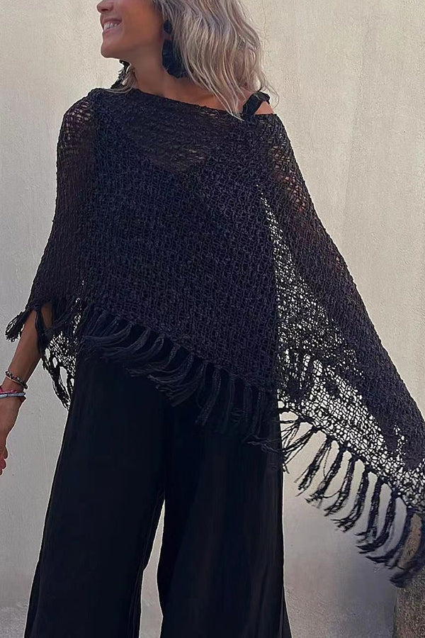 Sonnenuntergangsbrise Quasten Strick Cover-Up für Damen mit Ausschnittdetails