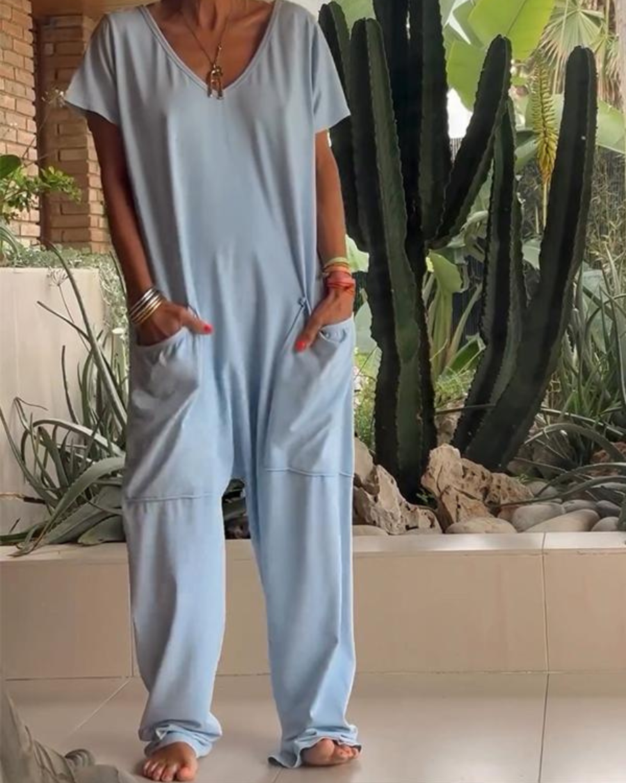 Yelena | Lässiger V-Ausschnitt Einfarbiger Jumpsuit für Damen