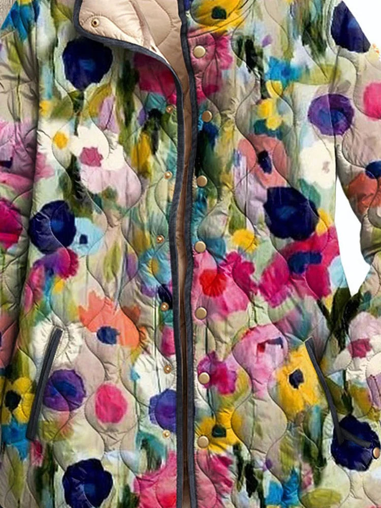 Damen Vintage Charmante Blumenjacke Casual Steppjacke mit Rundhalsausschnitt