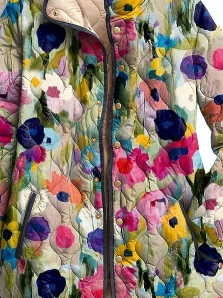 Damen Vintage Charmante Blumenjacke Casual Steppjacke mit Rundhalsausschnitt