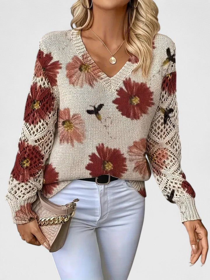 Deborah | Lässiger Floral-Pullover für Damen mit V-Ausschnitt und langen Ärmeln