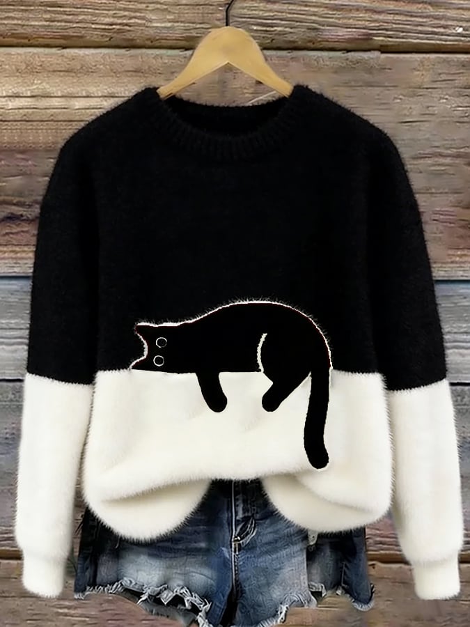 Damen Oversized Pullover mit Katzenmotiv und Farbblockdesign