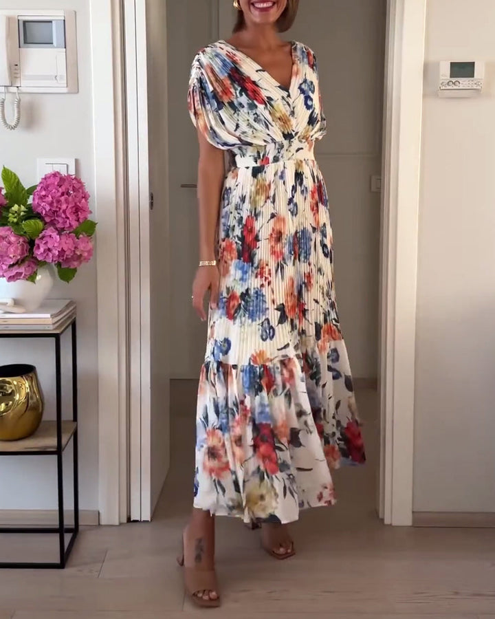 Florelle | Elegantes Blumenkleid für Damen mit V-Ausschnitt und kurzen Ärmeln