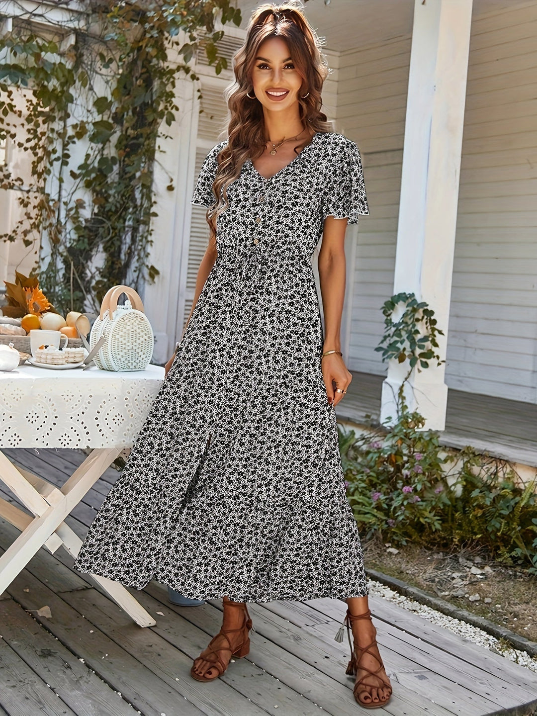 Selina | Elegante Maxikleid mit V-Ausschnitt und kurzen Ärmeln
