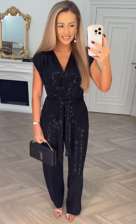 Pailletten-Einfarbiger Jumpsuit für Damen mit Bindungsdetail